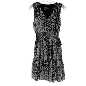 Taylor Black Grey Floral Print V-Neck Sleeveless Smocked Waist Mini Dress 8